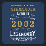21st Birthday born 2002 Add Name Legend Blue Gold Square Sticker<br><div class="desc">For those celebrating their birthday we have the ideal birthday stickers. The blue background with a white and gold design is simple and yet elegant with a retro feel. Easily customize the text of this birthday using the template provided. More gifts and party supplies available with the "Legendary" design in...</div>