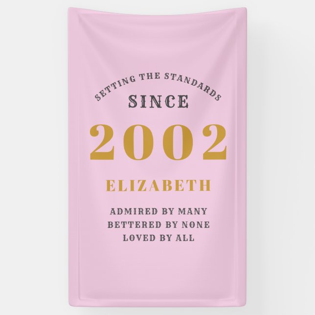 21st Birthday Born 2002 Add Name Pink Gray Banner (Vertical)