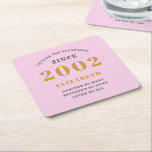 21st Birthday Born 2002 Add Name Pink Gray Square Paper Coaster<br><div class="desc">Personalized Birthday add your name and year coaster. Edit the name and year with the template provided. A wonderful custom birthday party accessory. More gifts and party supplies available with the "setting standards" design in the store.</div>