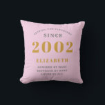 21st Birthday Born 2002 Add Name Pink Gray Throw Pillow<br><div class="desc">Personalized Birthday add your name and year throw pillow. Edit the name and year with the template provided. A wonderful custom pink birthday home decor cushion. More gifts and party supplies available with the "setting standards" design in the store.</div>