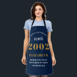 21st Birthday Born 2002 Black Gold Lady's Apron<br><div class="desc">A personalized classic blue apron design for that birthday celebration. Add the name to this vintage retro style blue, white and gold design for a custom birthday gift. Easily edit the name and year with the template provided. A wonderful custom birthday gift. More gifts and party supplies for that party...</div>
