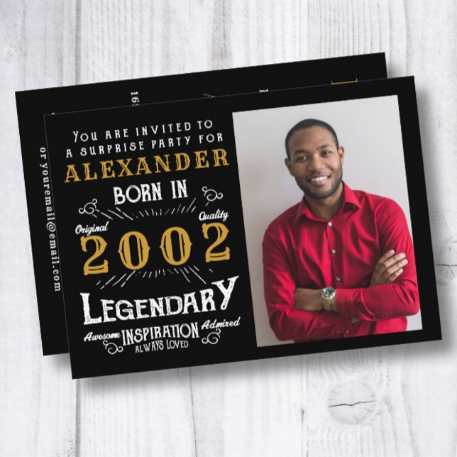 21st Birthday Born 2002 Black Gold Retro Photo Invitation (Creator Uploaded)
