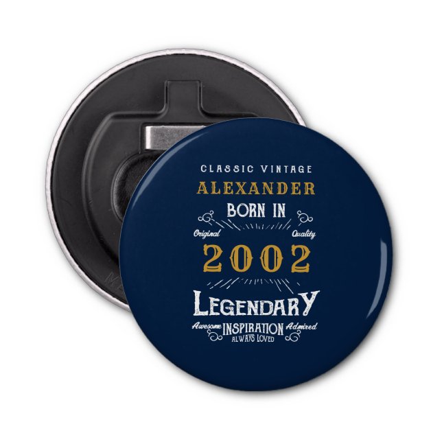 21st Birthday Born 2002 Legend Blue Gold Retro Bottle Opener (Front)