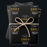 21st Birthday born 2004 Add Name Black Gold Wrapping Paper Sheet<br><div class="desc">A personalized wrapping paper design for that birthday celebration for a special person. Add the name to this vintage retro style black and gold design for a custom birthday gift. Easily edit the name and year with the template provided. A wonderful custom birthday gift. More gifts and party supplies for...</div>