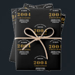 21st Birthday born 2004 Add Name Black Gold Wrapping Paper Sheet<br><div class="desc">A personalized wrapping paper design for that birthday celebration for a special person. Add the name to this vintage retro style black and gold design for a custom birthday gift. Easily edit the name and year with the template provided. A wonderful custom birthday gift. More gifts and party supplies for...</div>