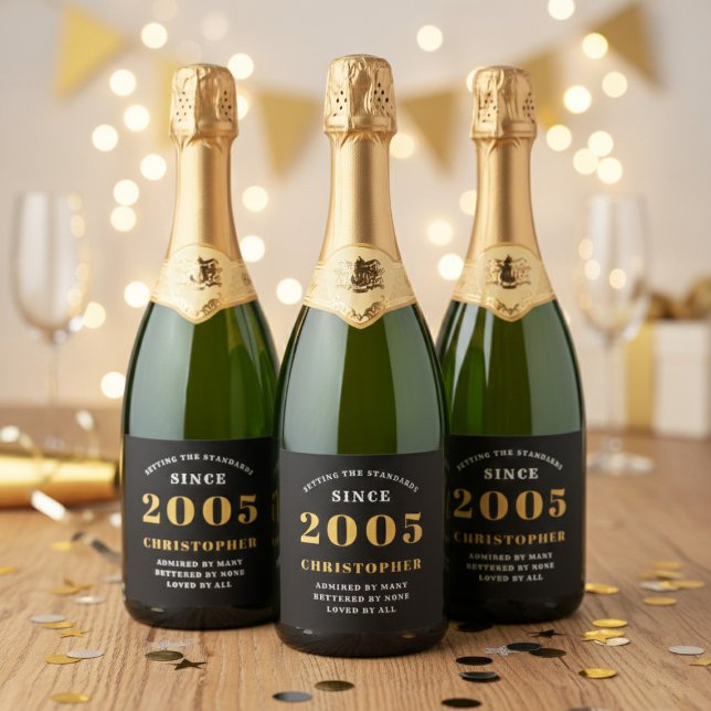 21st Birthday Born 2005 Add Name Black Gold Sparkling Wine Label (Born 2005 birthday sparkling wine labels. Background out of focus.)