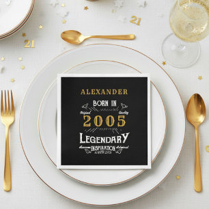 21st Birthday Born 2005 Black Gold Retro Vintage Napkin