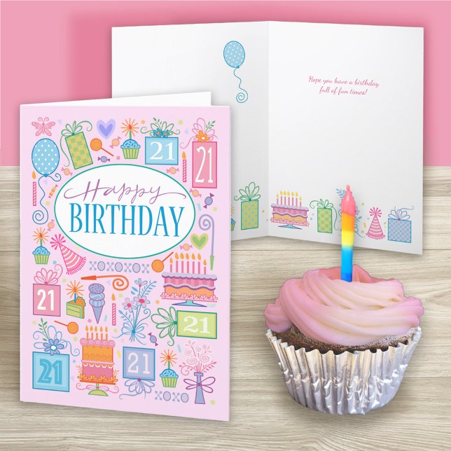 21st Birthday Bright Pastel Icons On Pink Card (Creator Uploaded)
