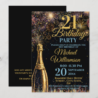 21st Birthday Bubbly Fireworks Gold Blue Invitation