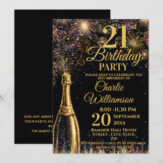 21st Birthday Bubbly Fireworks Gold Invitation