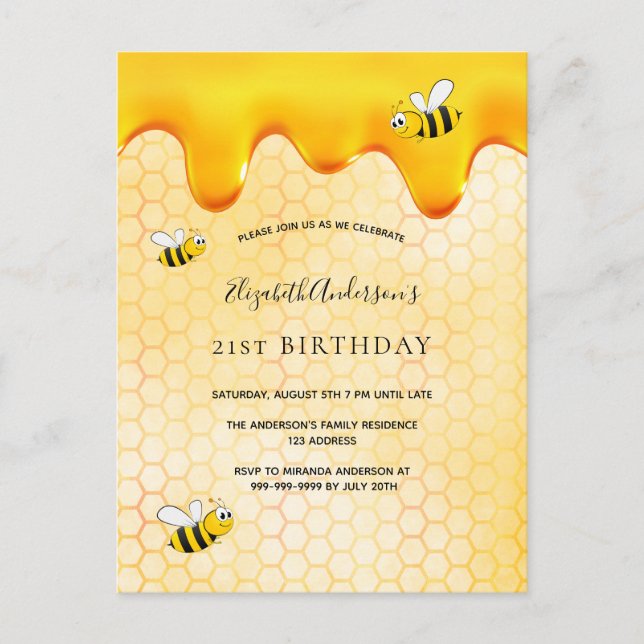 21st birthday bumble bees invitation postcard (Front)