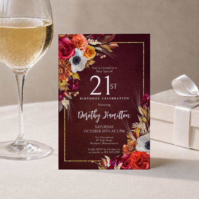 21st Birthday Burgundy Fall Flowers Elegant Script Invitation (Creator Uploaded)