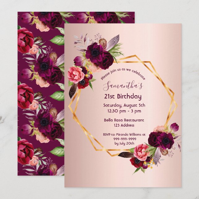 21st birthday burgundy florals rose gold geometric invitation (Front/Back)