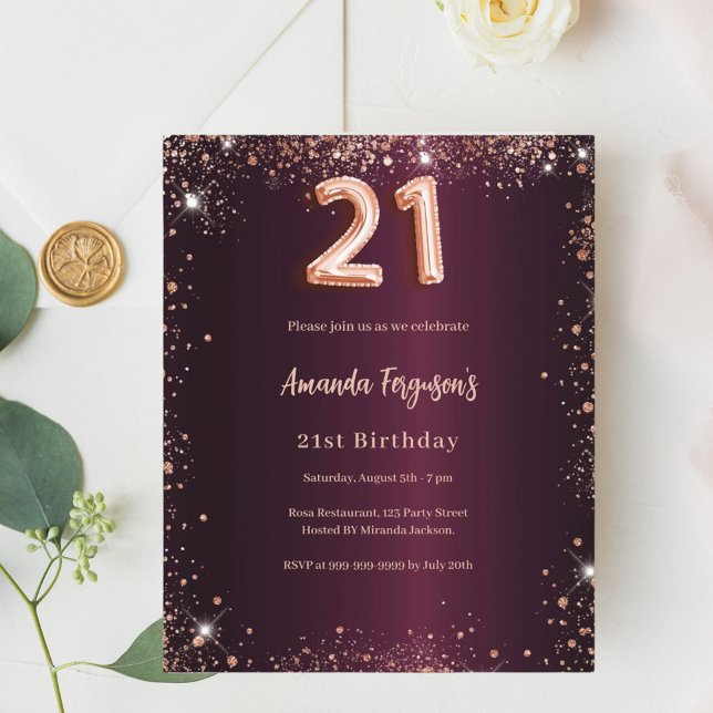 21st birthday burgundy rose gold invitation (Creator Uploaded)