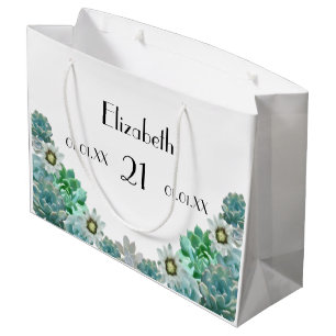 21st Birthday cactus flowers succulents white Large Gift Bag