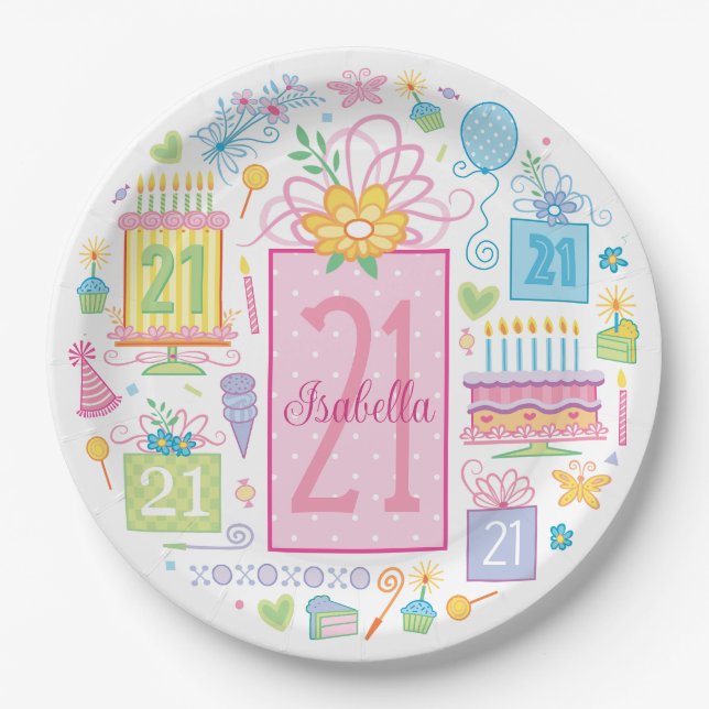 21st Birthday Cake Cupcake Present Custom Name Paper Plate (Front)