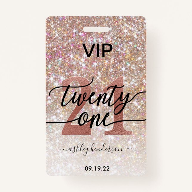 21st Birthday Champagne Glitter VIP Badge (Front)