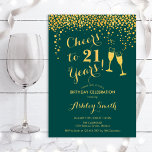 21st Birthday - Cheers To 21 Years Emerald Green Invitation<br><div class="desc">21st Birthday Invitation. Cheers To 21 Years! Elegant design in emerald green and gold. Features champagne glasses,  script font and confetti. Perfect for a stylish birthday party. Personalize with your own details. Can be customized to show any age.</div>