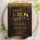 21st Birthday - Cheers To 21 Years Gold Wood Invitation<br><div class="desc">21st Birthday Invitation. Cheers To 21 Years! Rustic design features dark brown wood pattern,  champagne glasses,  script font and confetti. Perfect for a stylish birthday party. Personalize with your own details. Can be customized to show any age.</div>