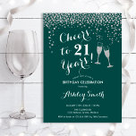 21st Birthday - Cheers To 21 Years Green Silver Invitation<br><div class="desc">21st Birthday Invitation. Cheers To 21 Years! Elegant design in emerald green,  white and silver. Features champagne glasses,  script font and glitter silver confetti. Perfect for a stylish birthday party. Personalize with your own details. Can be customized to show any age.</div>