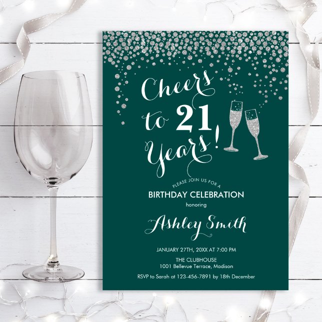  21st Birthday - Cheers To 21 Years Green Silver Invitation (Creator Uploaded)
