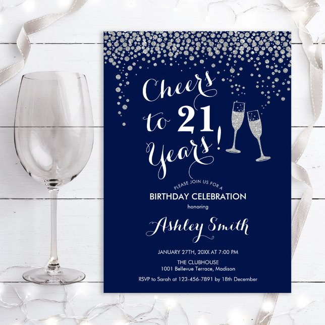  21st Birthday - Cheers To 21 Years Navy Silver Invitation (Creator Uploaded)