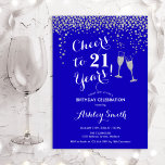 21st Birthday - Cheers To 21 Years Royal Blue Invitation<br><div class="desc">21st Birthday Invitation. Cheers To 21 Years! Elegant design in royal blue,  white and silver. Features champagne glasses,  script font and glitter silver confetti. Perfect for a stylish birthday party. Personalize with your own details. Can be customized to show any age.</div>