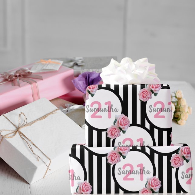 21st birthday chic pink roses black white stripes wrapping paper (Creator Uploaded)