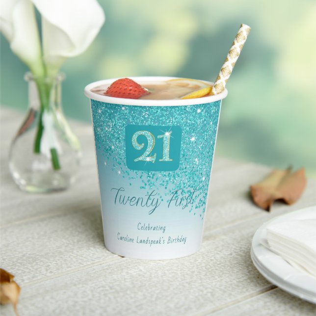 21st Birthday Classy Falling Teal Blue Glitter Paper Cups (Insitu)