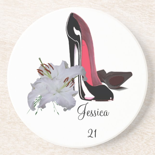 21st Birthday Coaster with Black Stiletto Shoes an (Front)