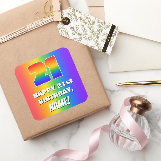 21st Birthday: Colorful, Fun Rainbow Pattern # 21 Square Sticker (Gifting)