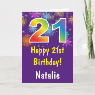 21st Birthday Colorful Rainbow Fireworks Purple Card