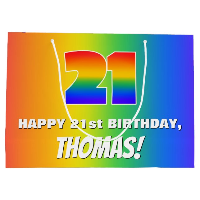 21st Birthday: Colourful, Fun Rainbow Pattern # 21 Large Gift Bag (Back)