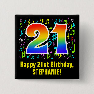 21st Birthday: Colourful Music Symbols, Rainbow 21 2 Inch Square Button