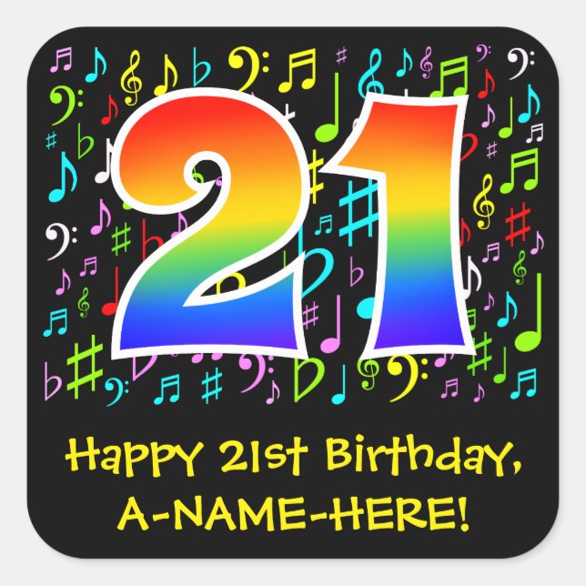 21st Birthday: Colourful Music Symbols, Rainbow 21 Square Sticker (Front)