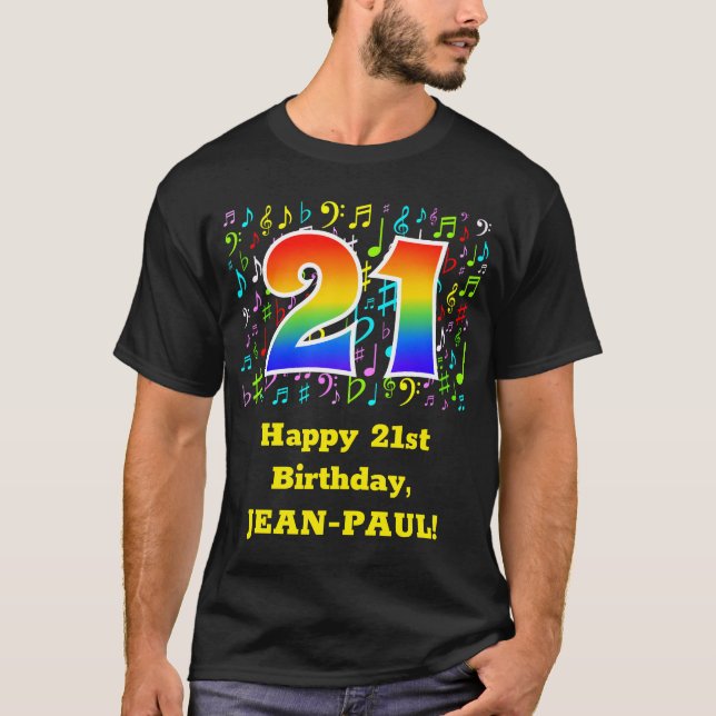 21st Birthday: Colourful Music Symbols, Rainbow 21 T-Shirt (Front)