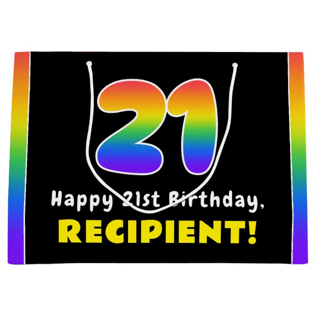 21st Birthday: Colourful Rainbow # 21, Custom Name Large Gift Bag (Front)