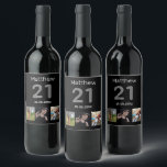 21st birthday custom photo black wine label<br><div class="desc">For a 21st birthday party. A collage of 3 of your photos of himself friends,  family,  interest or pets.  Personalize and add his name,  age 21 and a date.  Date of birth or the date of the birthday party.  Grey and white coloured text.  Black background.</div>
