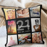 21st birthday custom photo collage girl black throw pillow<br><div class="desc">A unique gift for a young womans 21st birthday, celebrating her life with a collage of 8 of your own photos, pictures. Personalize and add her name, age 21 and a date. A chic black background. Gray and white letters and numbers. The name is written with a modern hand lettered...</div>