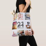 21st birthday custom photo collage woman white tote bag<br><div class="desc">A unique gift for a young woman's 21st birthday, celebrating her life with a collage of 8 of your own photos, pictures. Personalize and add her name, age 21 and a date. A chic white background. Grey and black letters and numbers. The name is written with a modern hand lettered...</div>