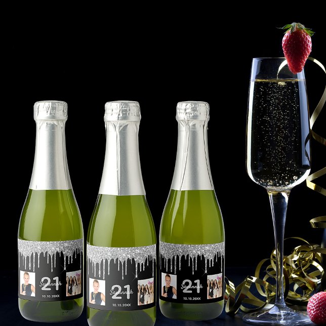 21st birthday custom photo glitter black silver sparkling wine label (Creator Uploaded)