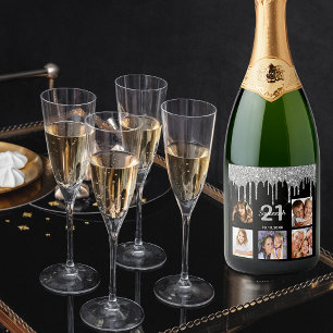 21st birthday custom photo glitter black silver sparkling wine label