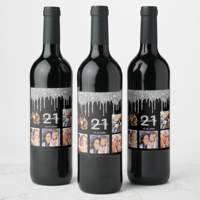 21st birthday custom photo glitter black silver wine label (Bottles)