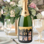 21st birthday custom photo glitter black sparkle sparkling wine label<br><div class="desc">For a 21st birthday party, celebrating her life with a collage of 5 of your own photos. Personalize and add a name, age 21 and a date. Date of birth or the date of the party. White and golden coloured letters. Classic black background colour, decorated with faux gold glitter drips,...</div>