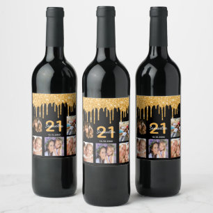 21st birthday custom photo glitter black sparkle wine label