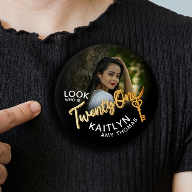 21st Birthday custom photo gold colour and black 3 Inch Round Button (Creator Uploaded)