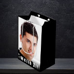 21st birthday custom photo hello 21 guy black medium gift bag<br><div class="desc">Template for Your photo.  White text overlay: Hello 21!  A gift bag for a 21st birthday party for him.  Black bacground colour.</div>