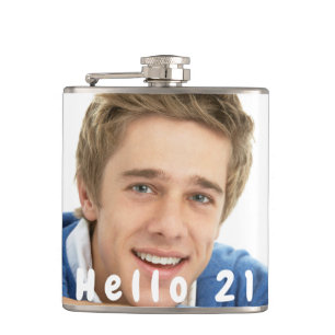 21st birthday custom photo hello 21 guy hip flask