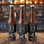 21st birthday custom photo monogram guy beer bottle label<br><div class="desc">For a 21st birthday party. A collage of 3 of your photos of himself friends,  family,  interest or pets.  Personalize and add his name,  age 21 and a date.  Date of birth or the date of the birthday party.  Grey and white coloured text.  Black background.</div>
