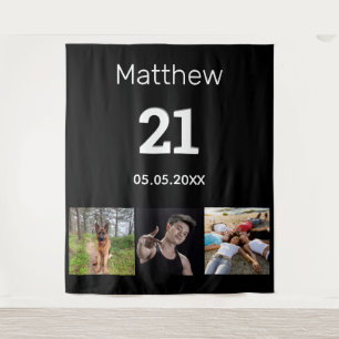 21st birthday custom photo monogram guy black tapestry